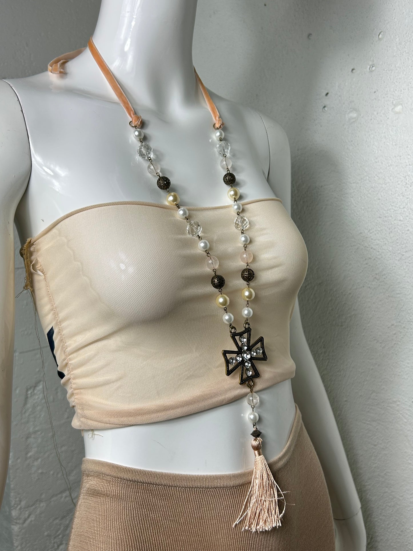 Velvet Beaded Cross Necklace