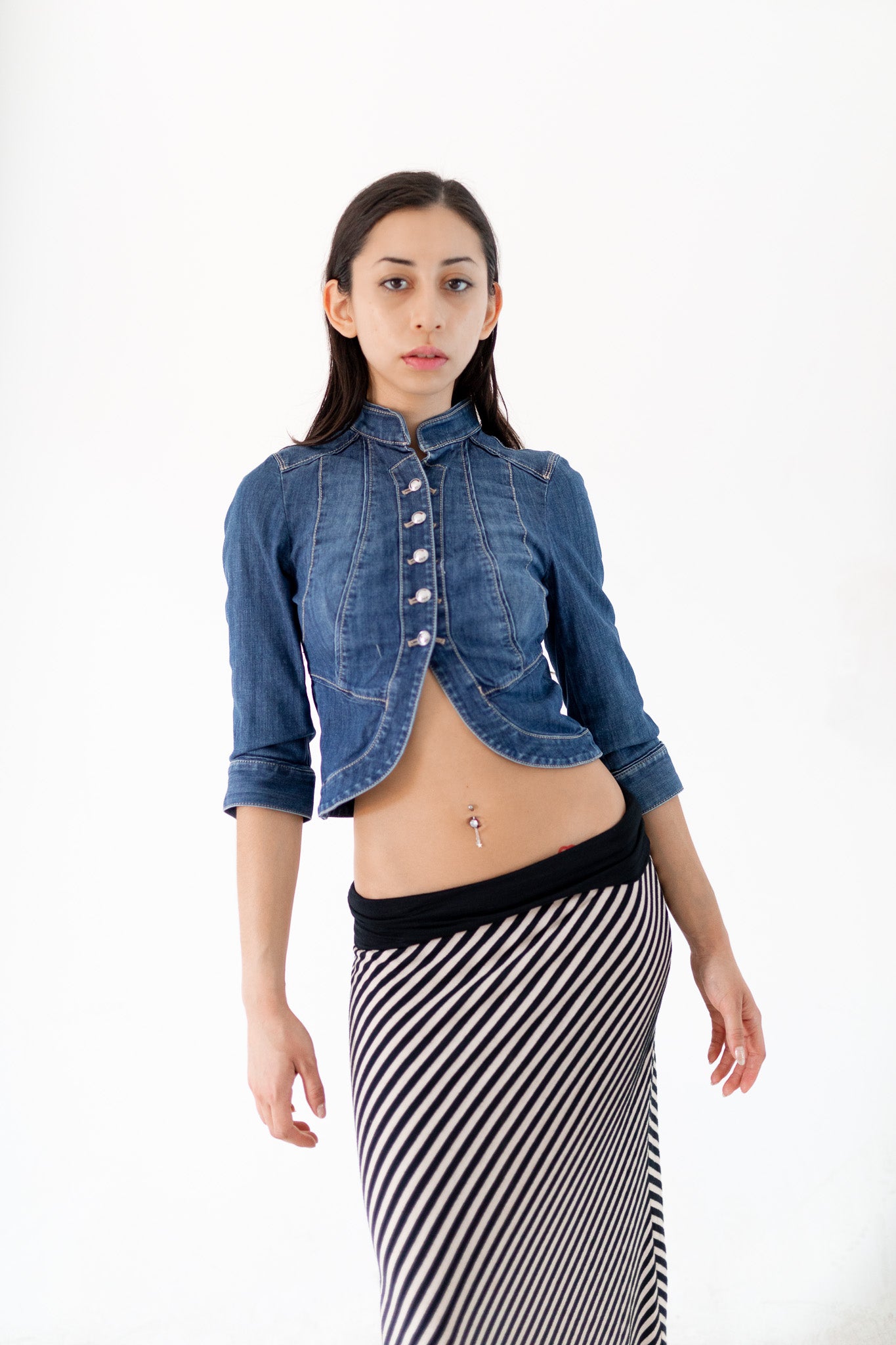 Cropped Denim Military Jacket