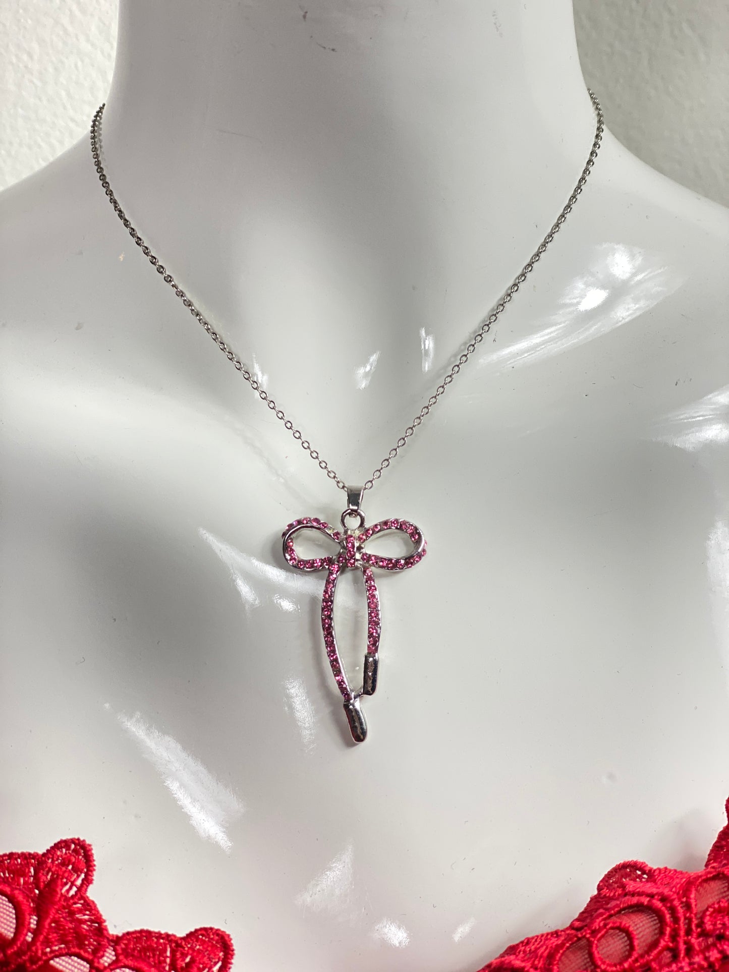Pink Rhinestone Bow Necklace