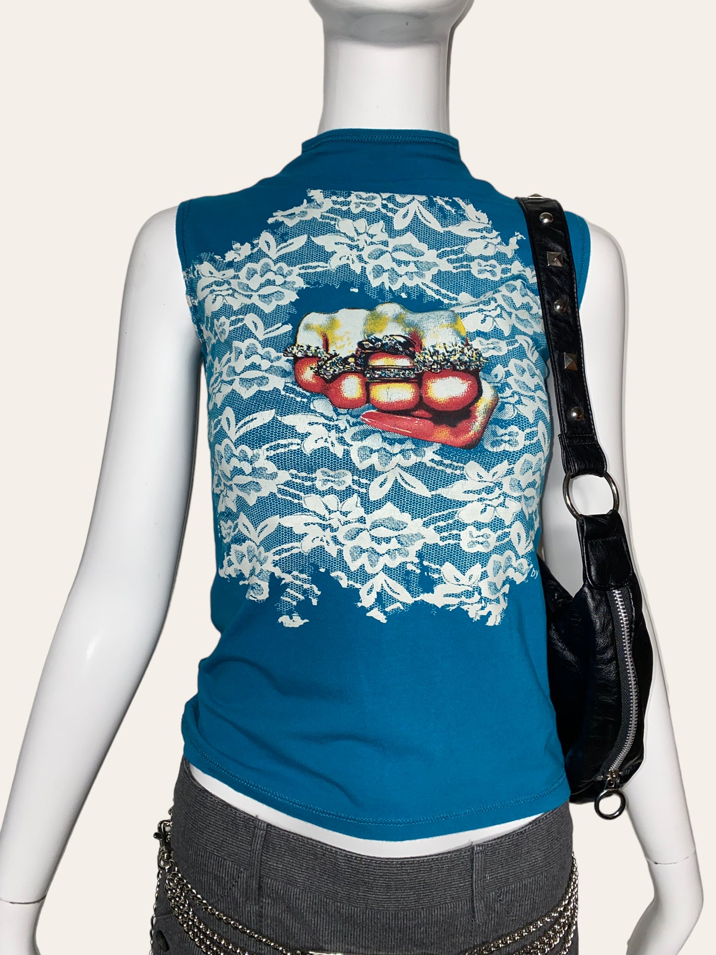 00's Peacock Blue Graphic Print Top