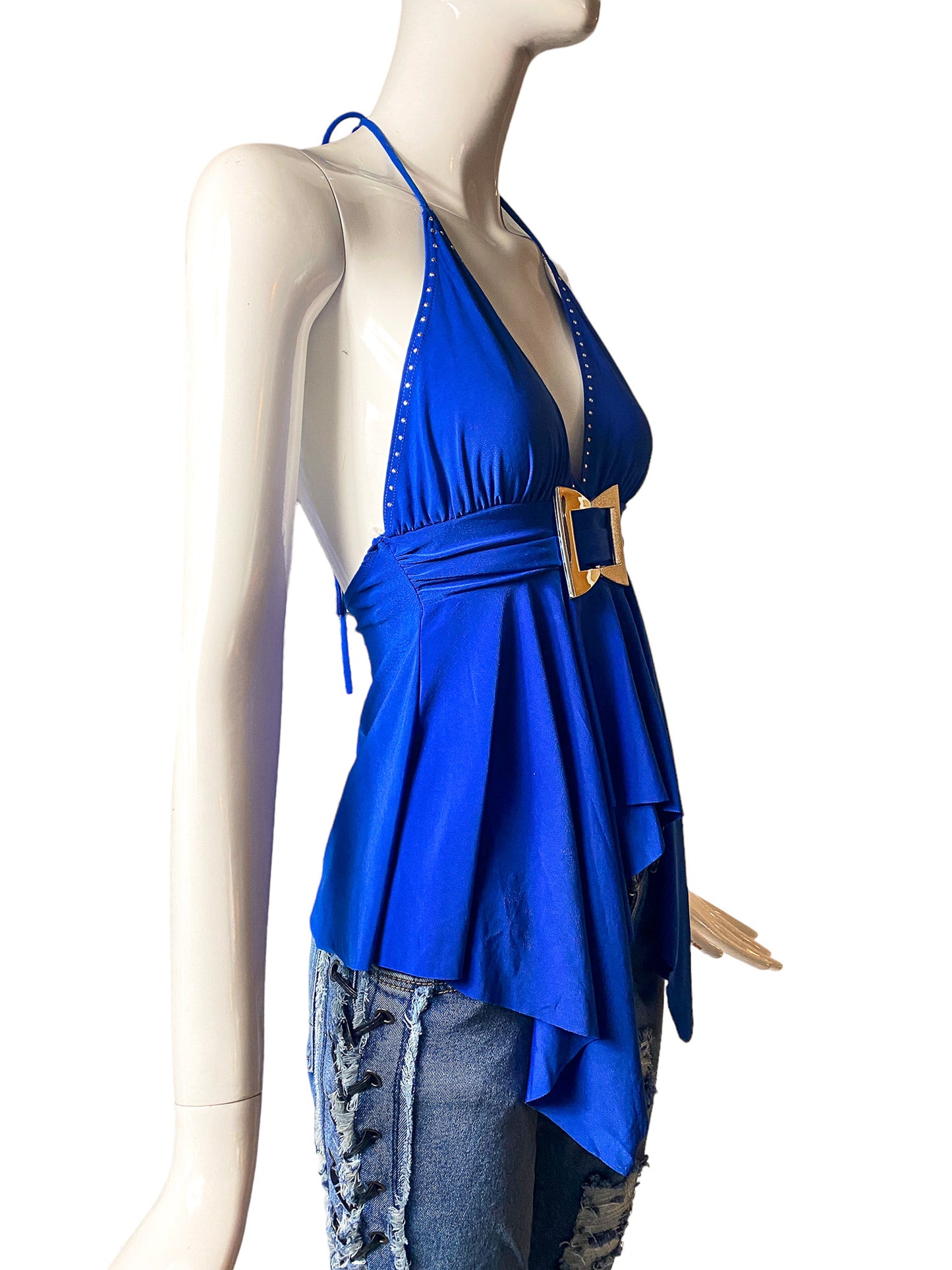 DEADSTOCK Y2K BLUE ASYMMETRIC HALTER TOP