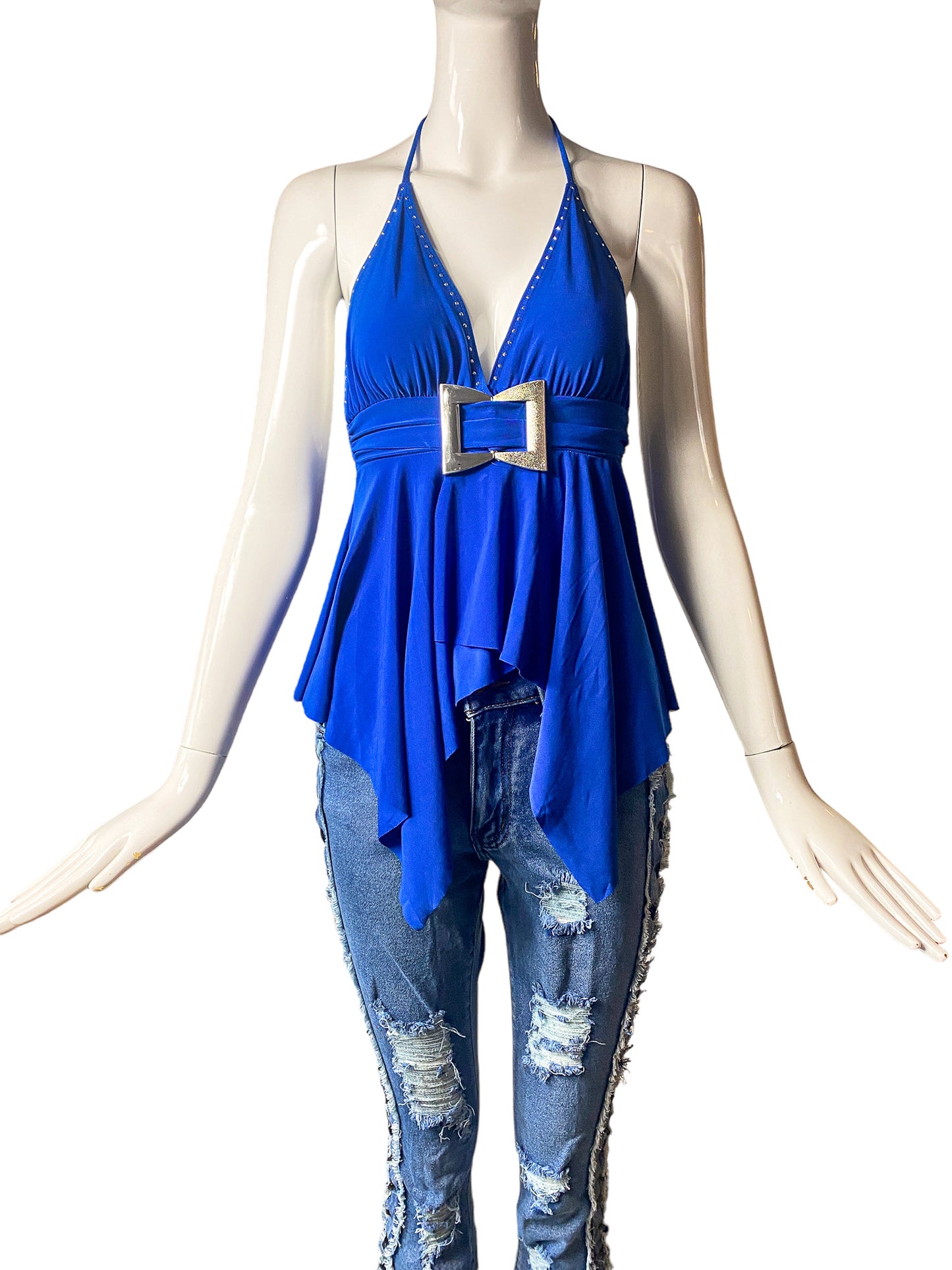 DEADSTOCK Y2K BLUE ASYMMETRIC HALTER TOP
