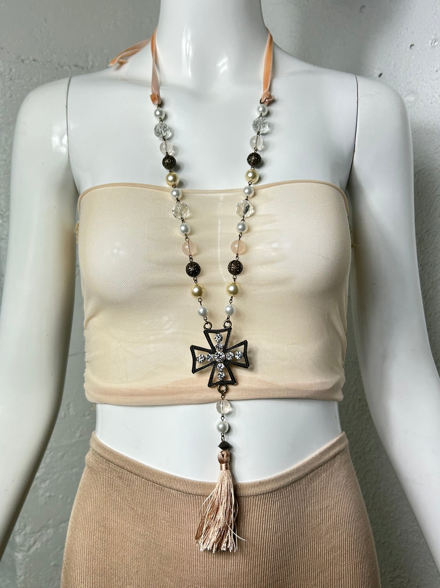 Velvet Beaded Cross Necklace