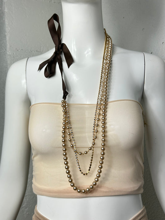 Bow Tie and Pearls Rhinestone Layered Necklace