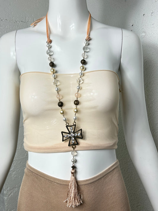 Velvet Beaded Cross Necklace