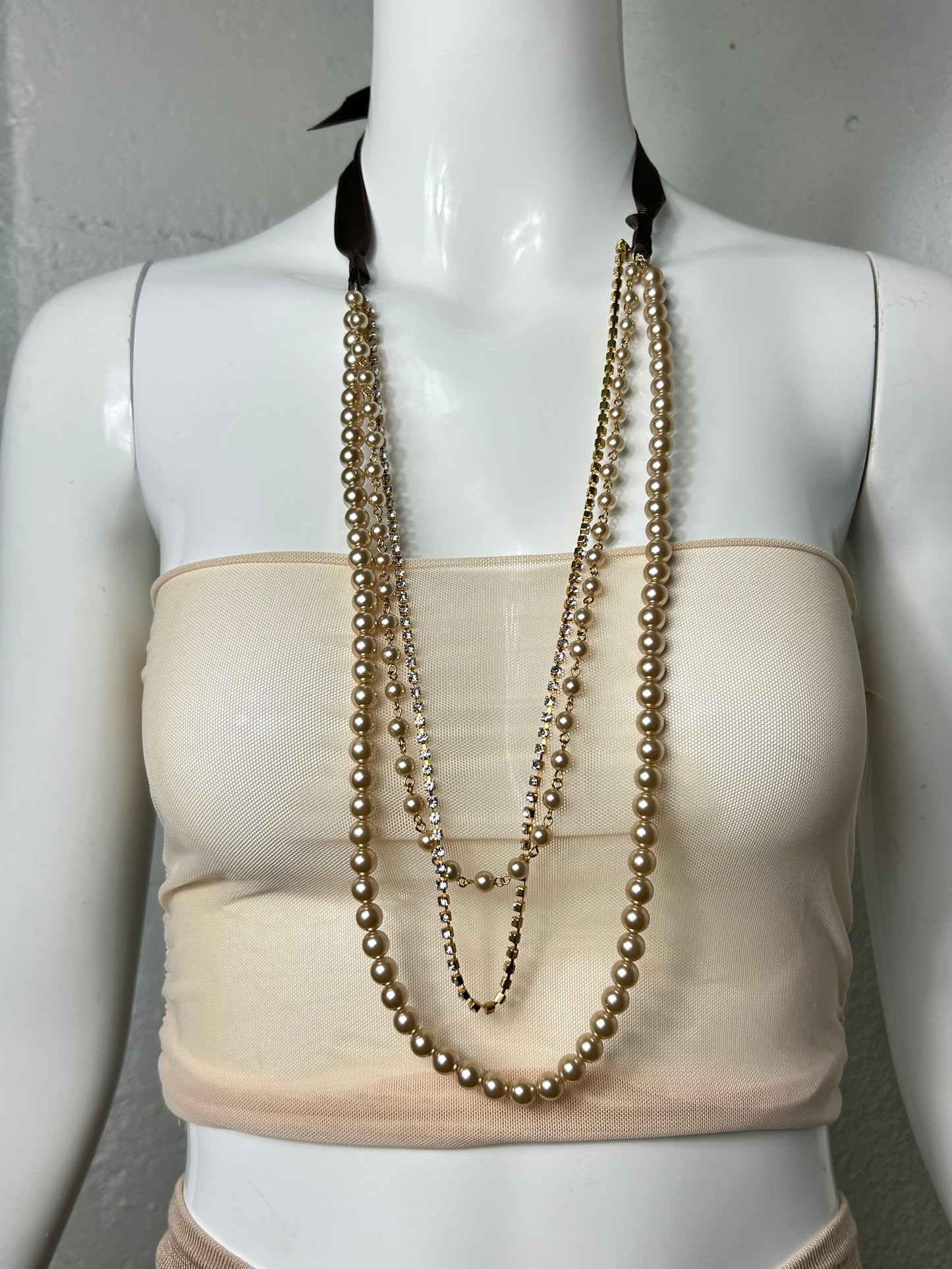 Bow Tie and Pearls Rhinestone Layered Necklace