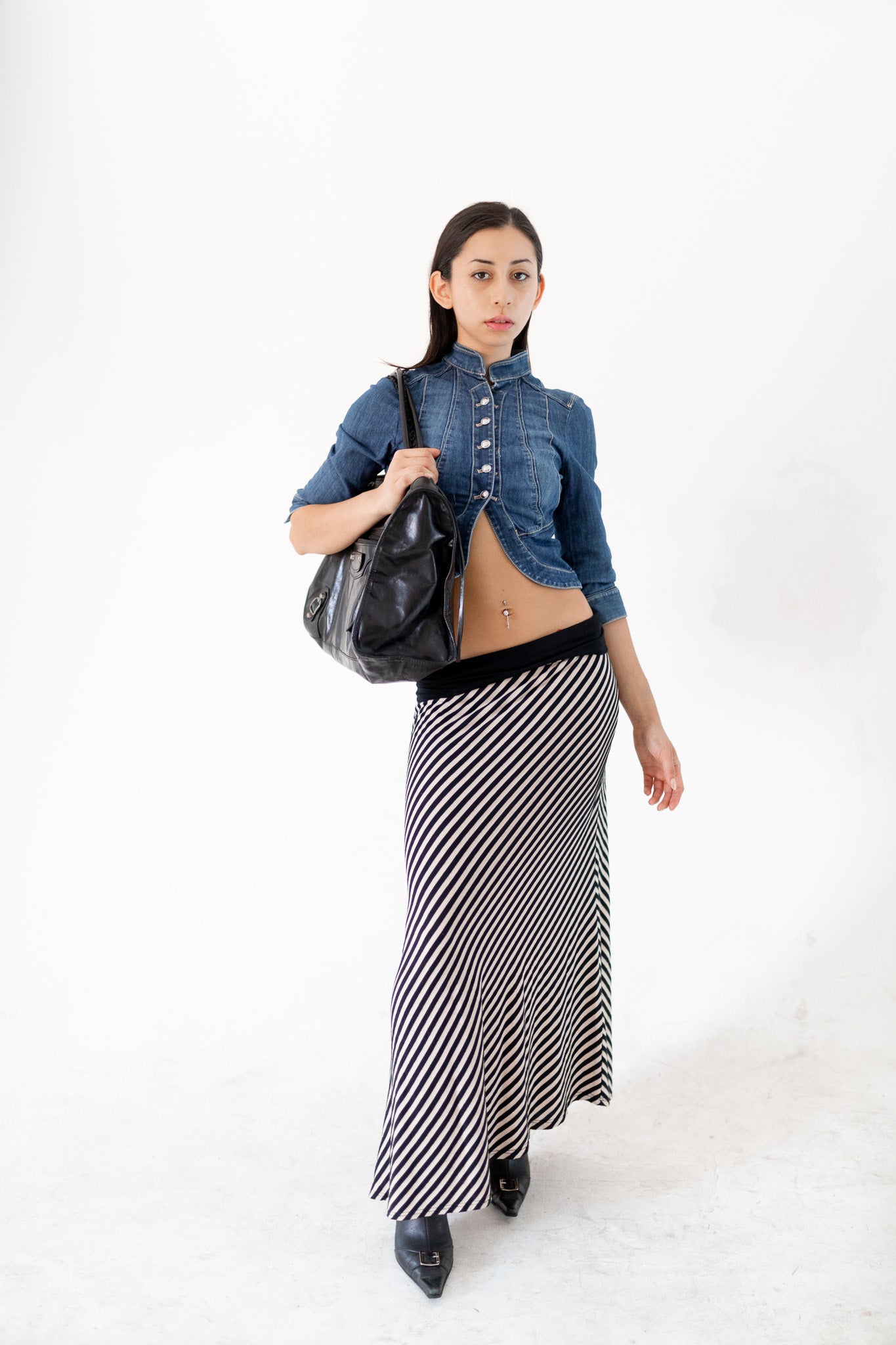 Cropped Denim Military Jacket