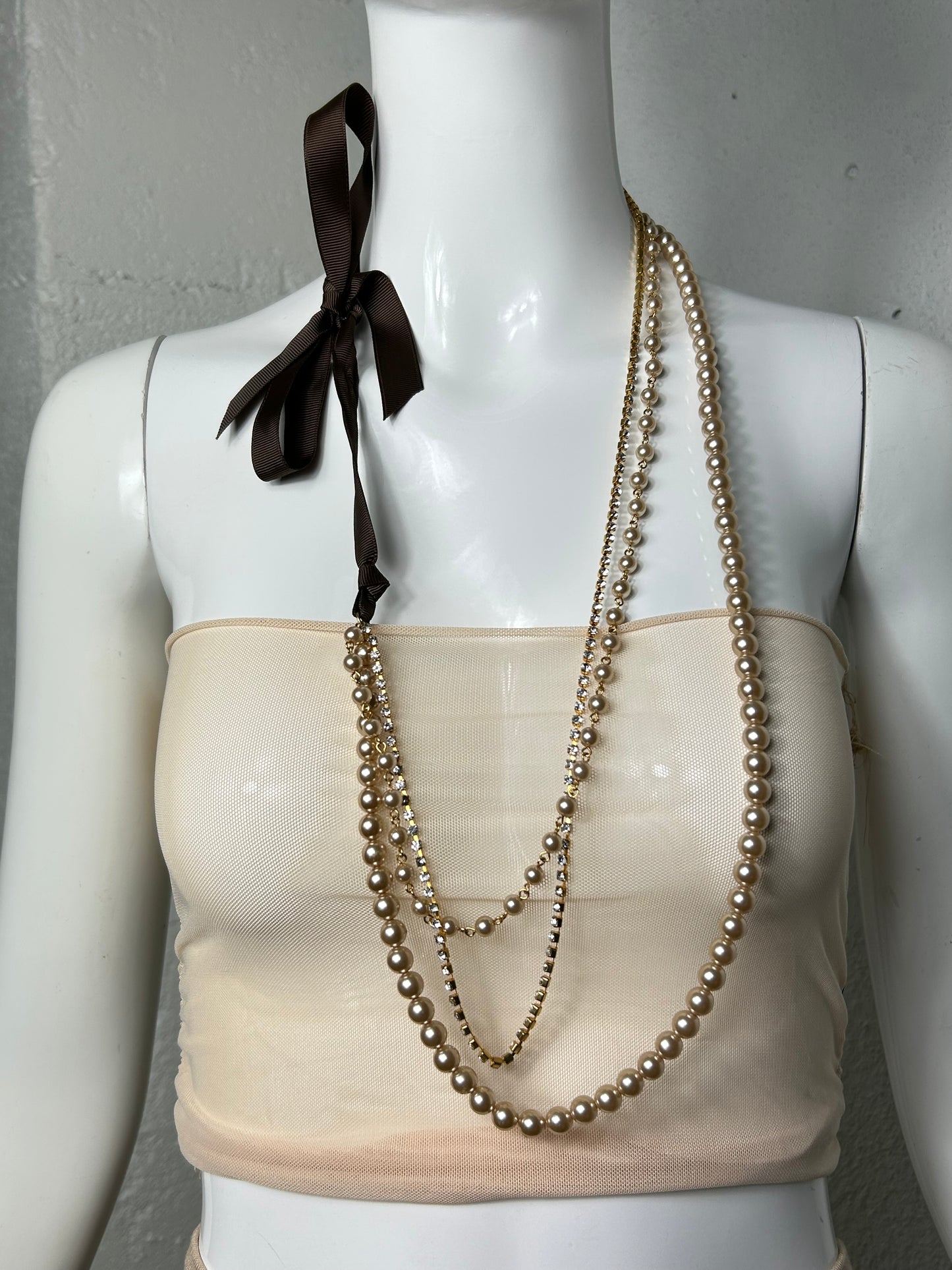 Bow Tie and Pearls Rhinestone Layered Necklace
