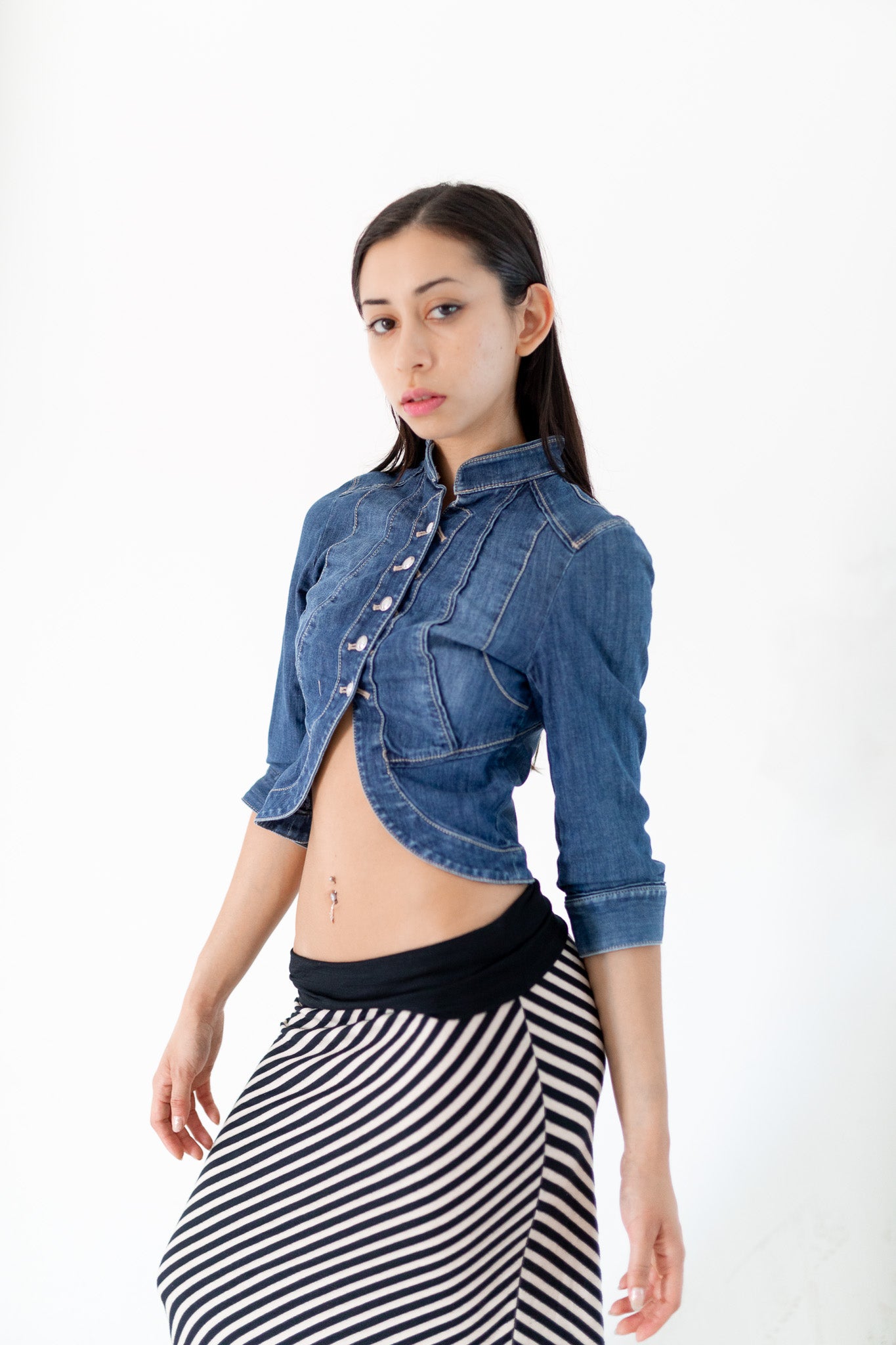 Cropped Denim Military Jacket