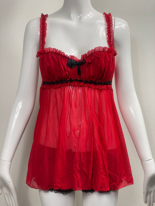 Frederick's Red Mesh Milkmaid Babydoll