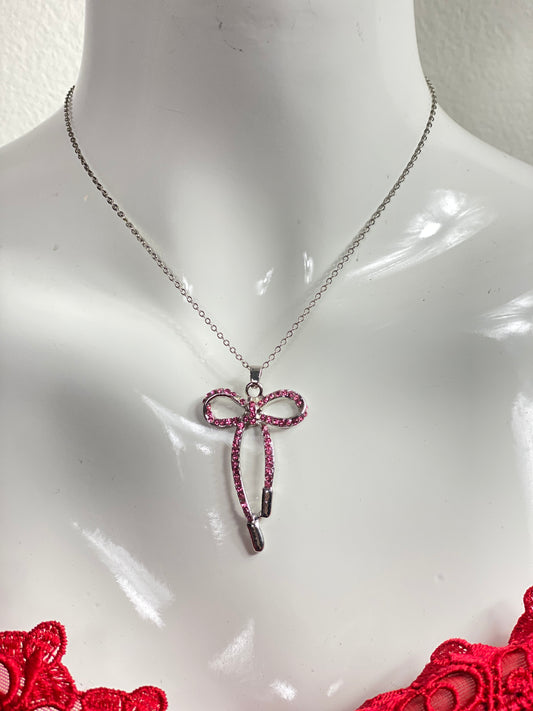 Pink Rhinestone Bow Necklace