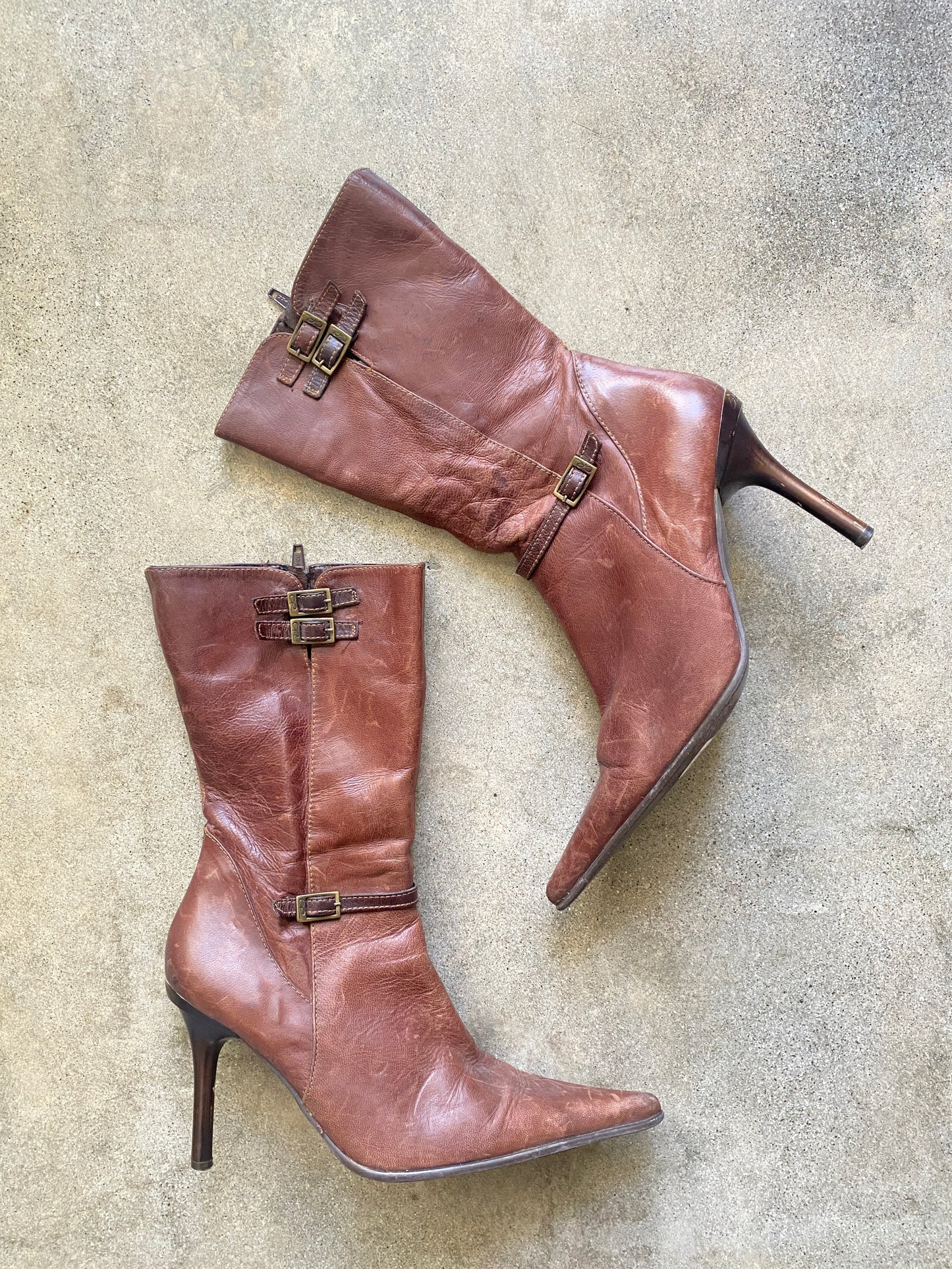 00's Distressed Tan Point Toe Booties